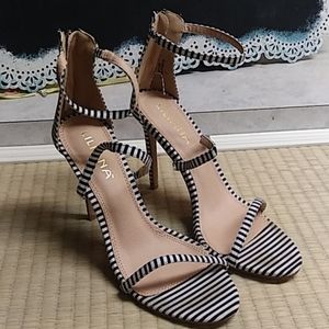 Liliana black and white striped open toe slingback